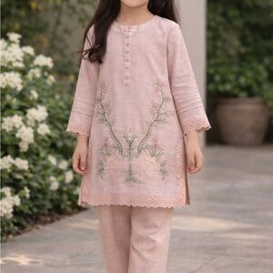 Eid Girls' Formal Embroidered Kurta Set in Blush Pink